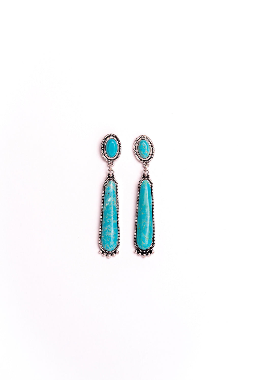 Round Turquoise Post Earring w/ Elongated Turquoise Stone and Silver Embellishment