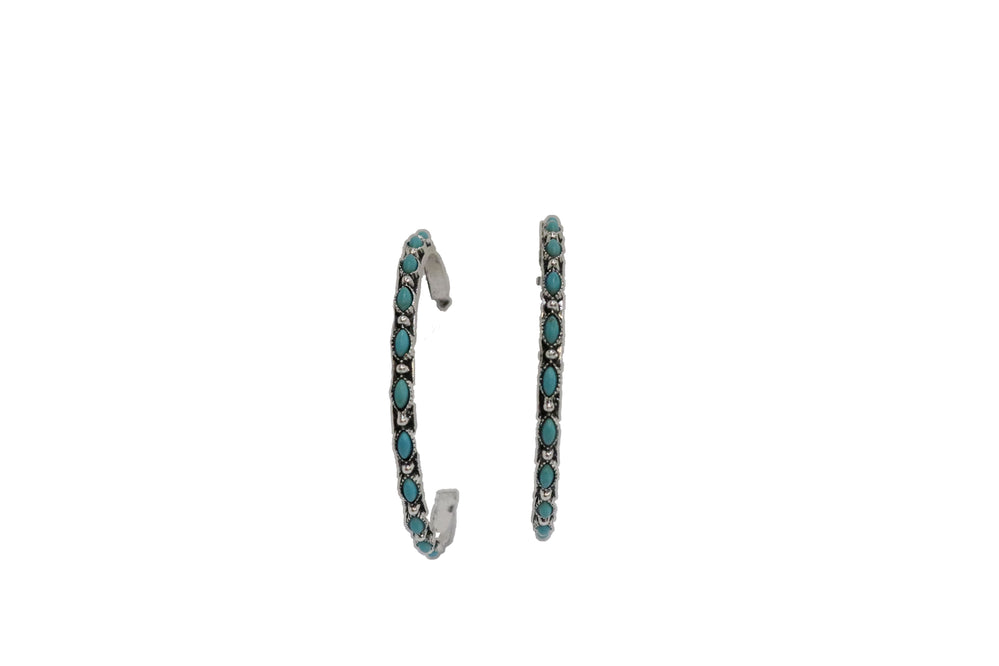 2.5" Burnished Silver and Turquoise Petitie Point Style Hoop Earring-