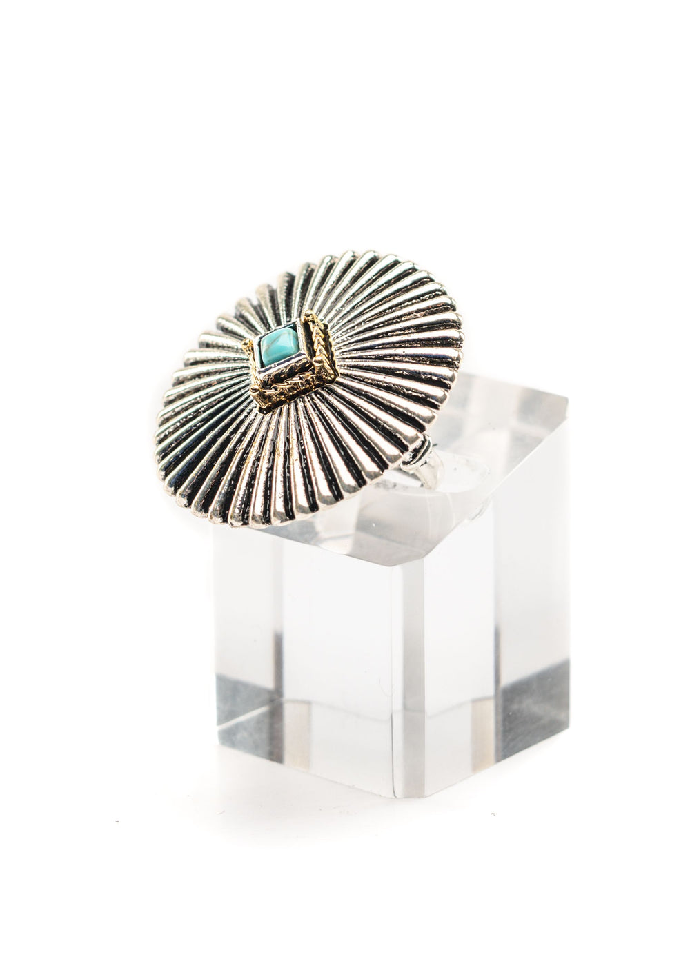 Adjustable 2 tone Burst Concho Ring with Turquoise Accent..