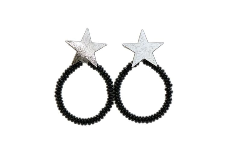 3.5" Black Beaded Teardrop Earring On Silver Star Post