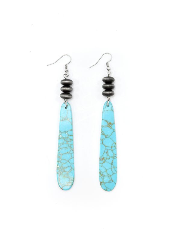 4" Turquoise Slab Earring on Fishhook with Faux Navajo Pearl Disc Accent