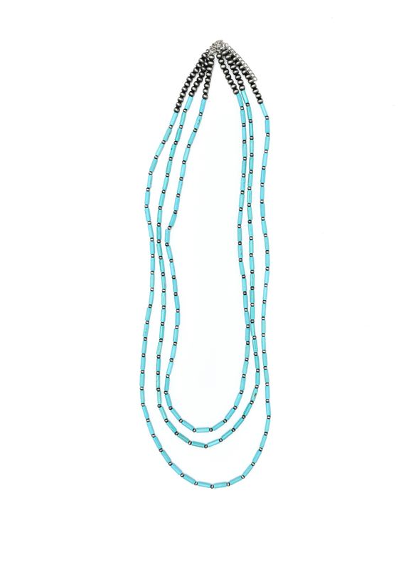 "30"",32"",36""..Three Strand Turquoise Tube Bead and Faux Navajo Pearl Necklace"..