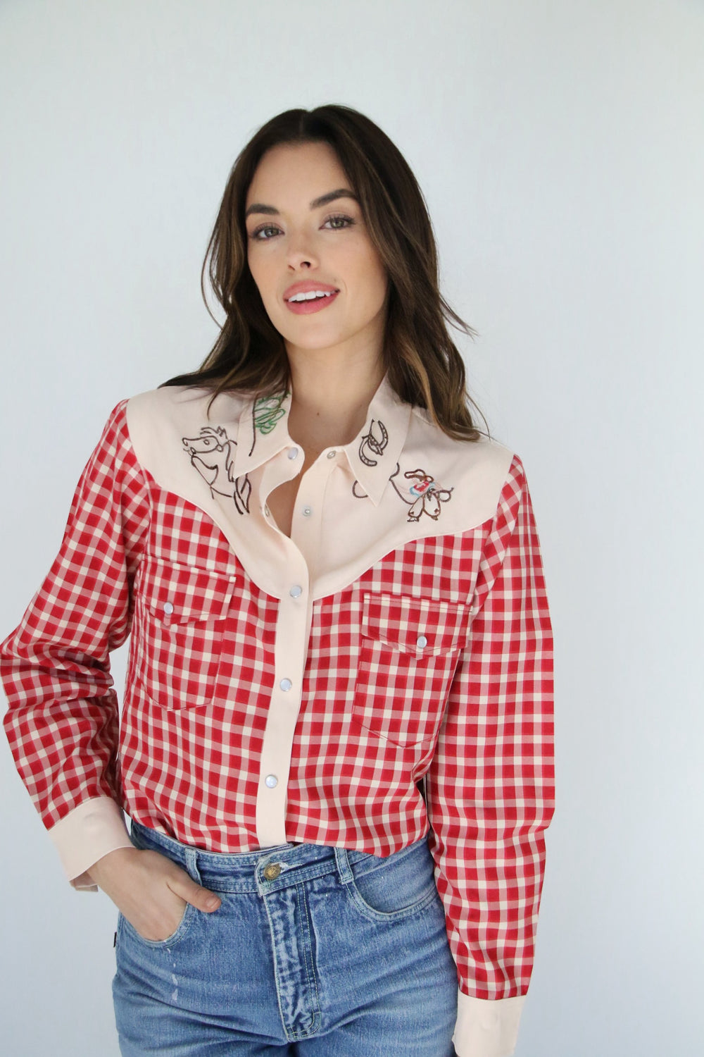 Red Gingham Embroidery Cowboy LS Pearl Snap