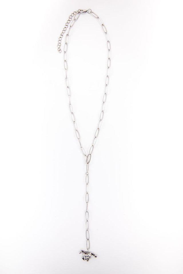 18" 18K White Gold Burnished Chain Y Necklace with a 4" Running Horse Charm Tail