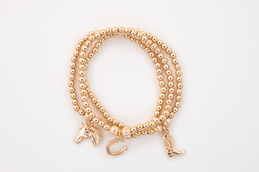 3 Piece Set Dainty Gold Beaded Stretch Bracelets Horse Shoe, Cowboy Boot and Horse Head Charms