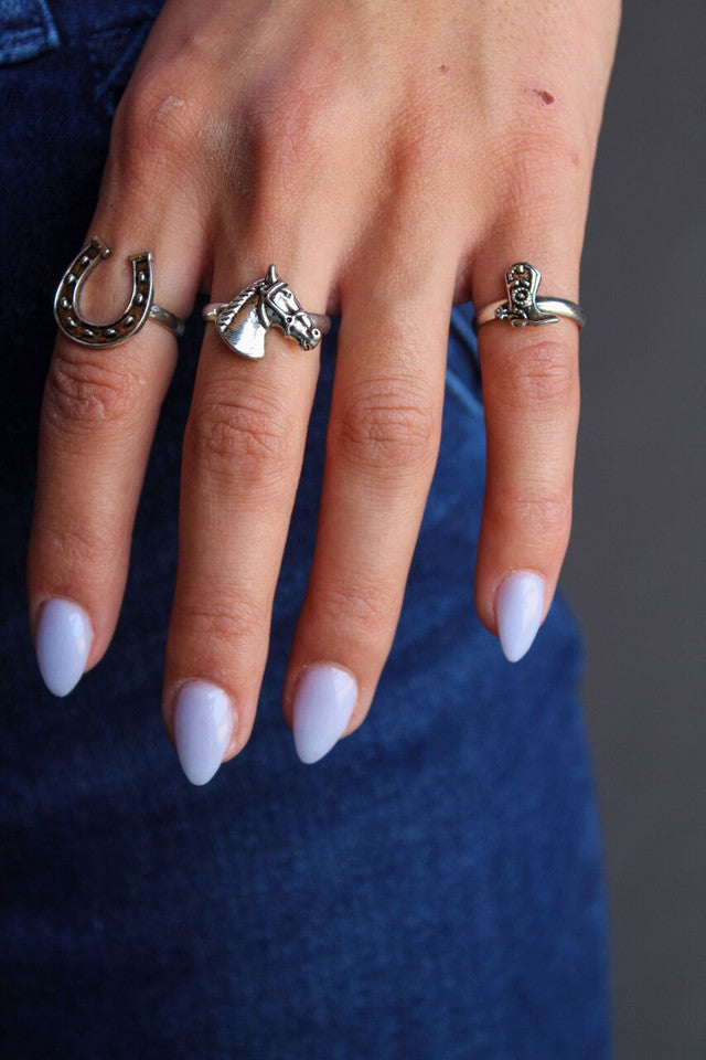 .5" 18K  White Gold Plated Adjustable Horse Head, Cowboy Boot and Horse Shoe Ring Set