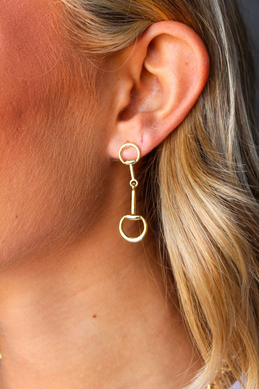 18K Yellow Gold Plated Equestrian Bit Drop Post Earrings
