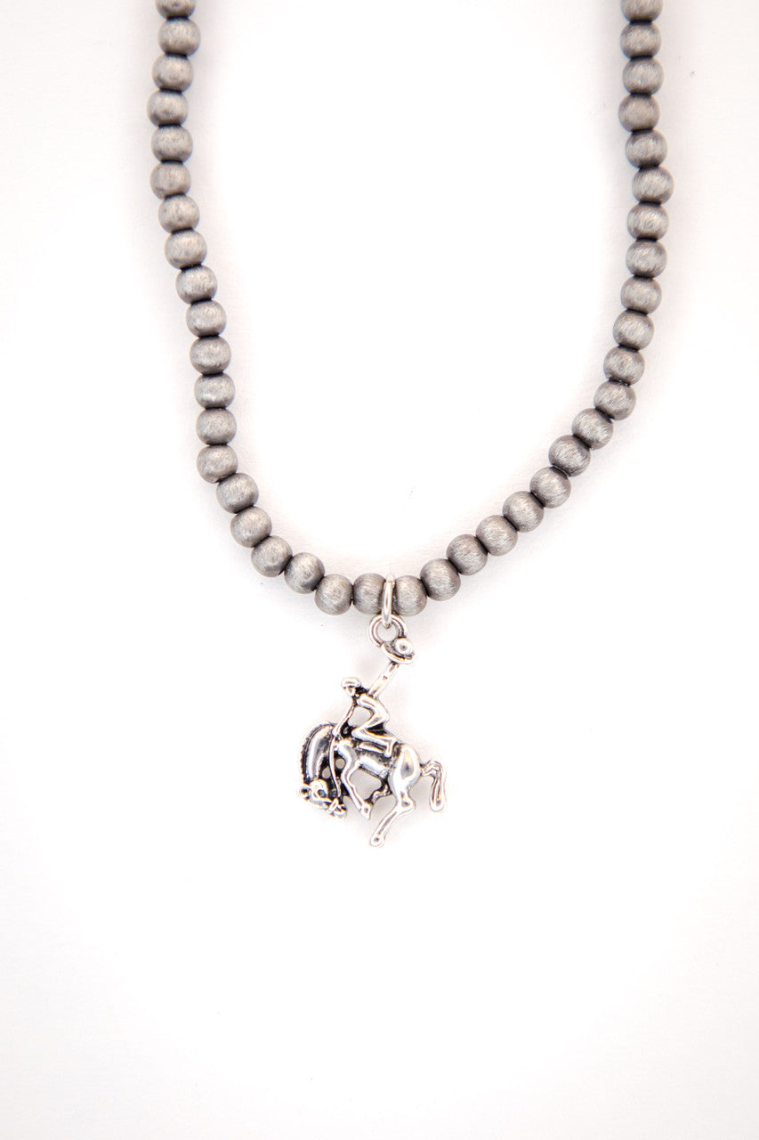 18"" Faux Navajo Pearl beaded becklace with Burnished Silver Horsehoe Charm