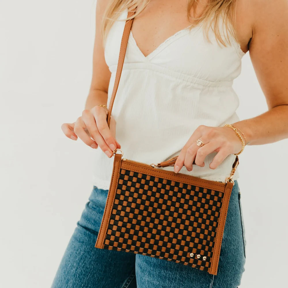 Veda Woven Checkered Coffee Crossbody Clutch