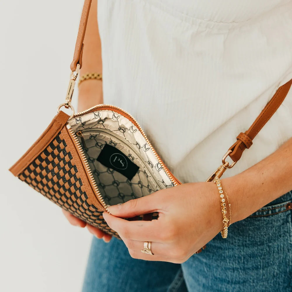 Veda Woven Checkered Coffee Crossbody Clutch