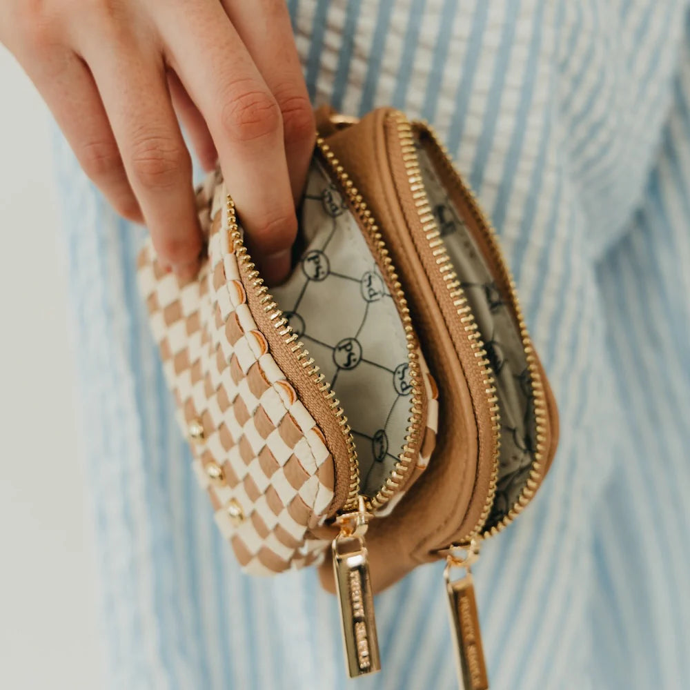 Cameron Woven Check Tan Double Zip Wallet