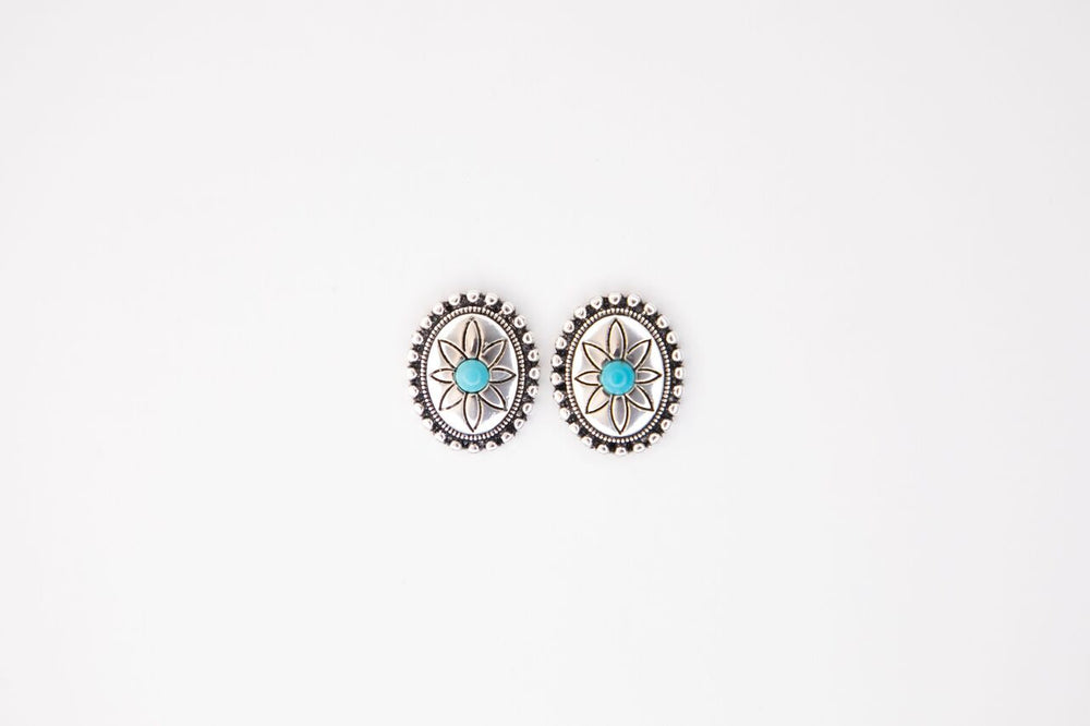 .75"" Burnished Silver Oval Flower Concho Post Earring with Turquoise Accent