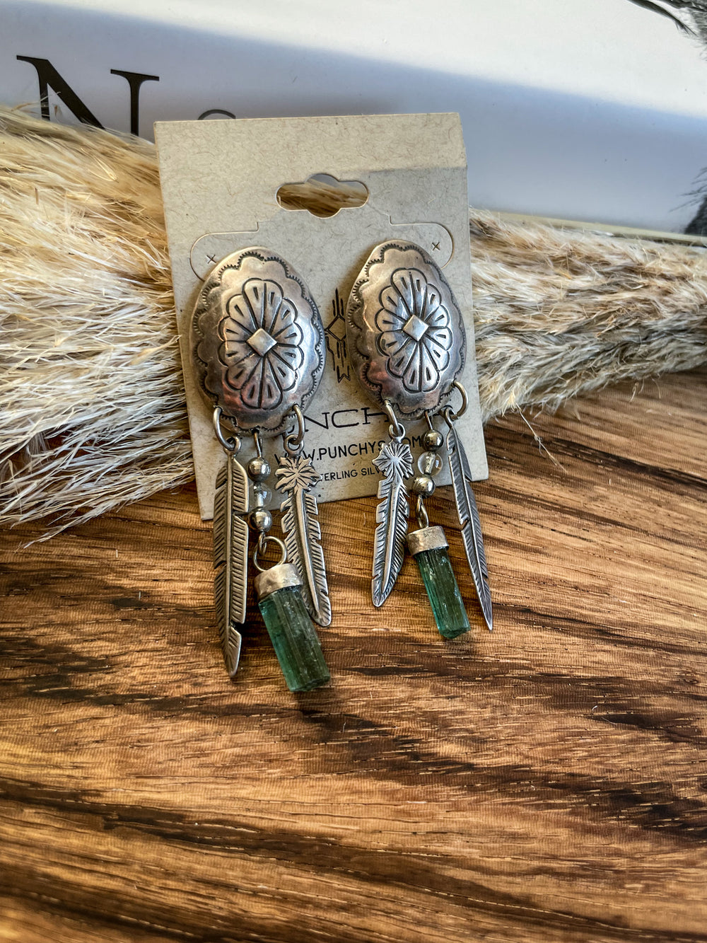 Silver Concho Feather and Crystal Earrings