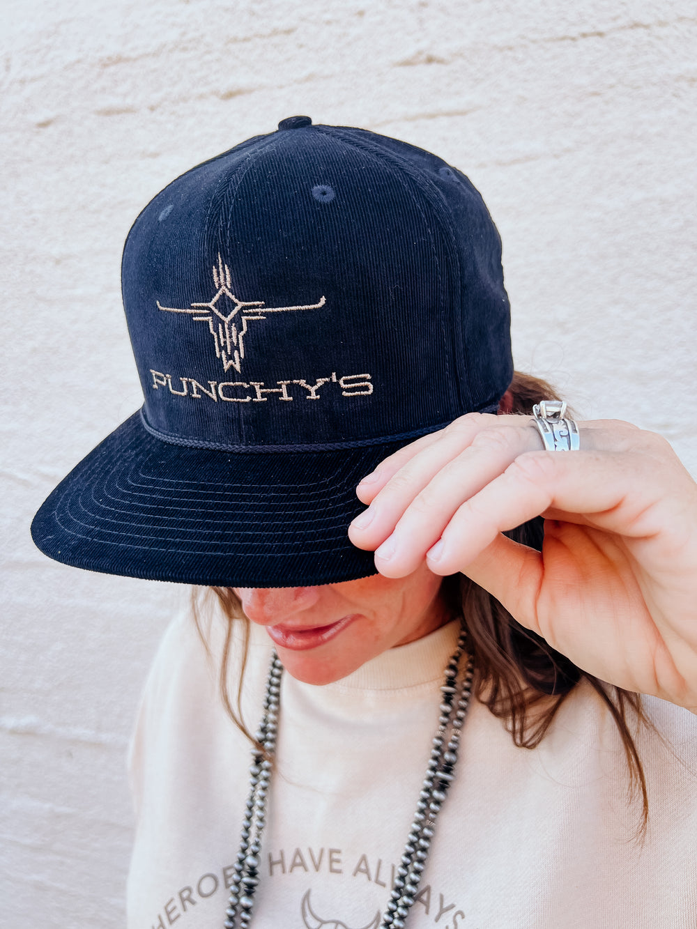 Punchy's Corduroy Trucker Caps Black/Black with Pink Embroidery