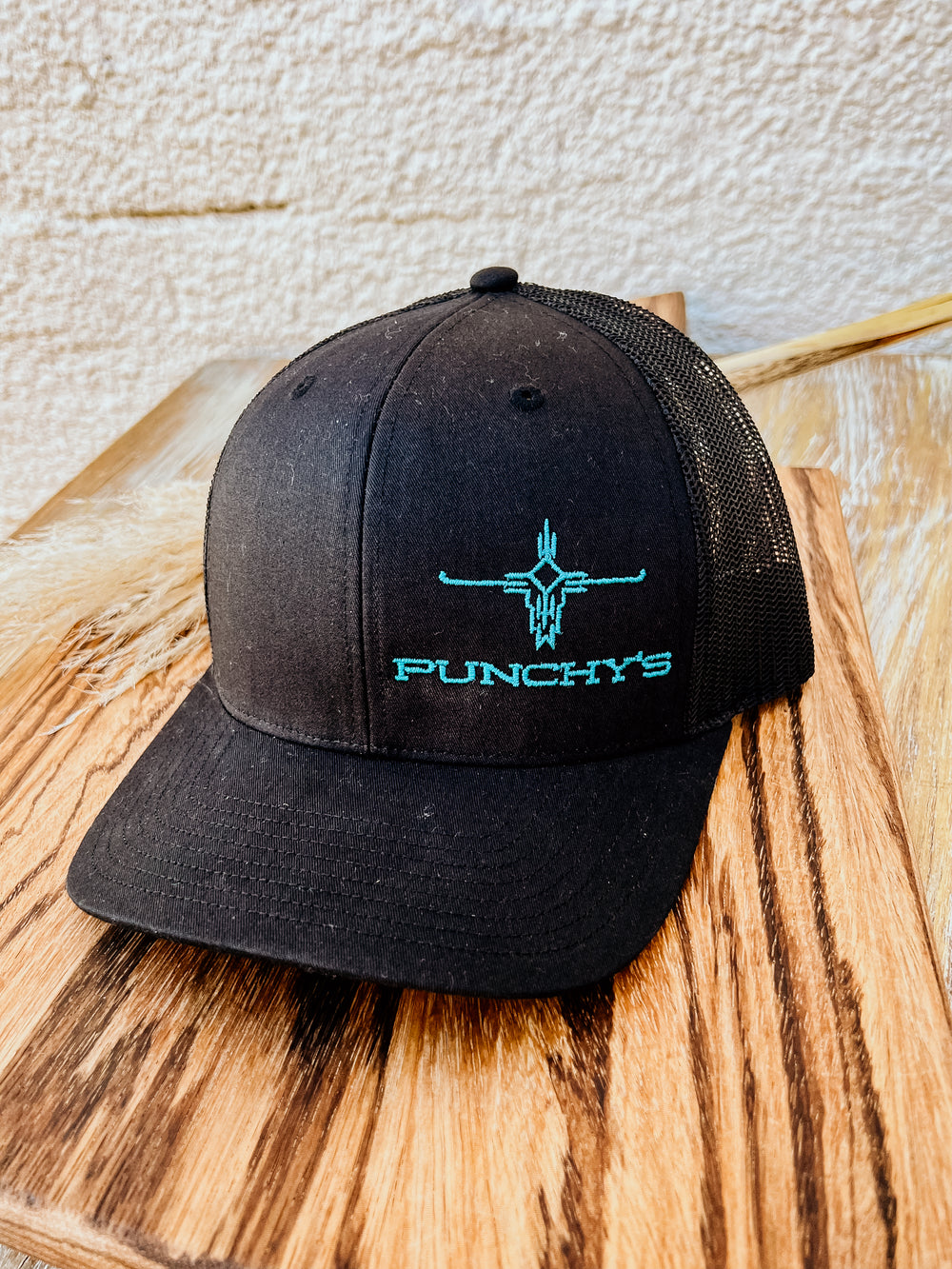 Punchy's Trucker Caps Black/Black with Turquoise Embroidery