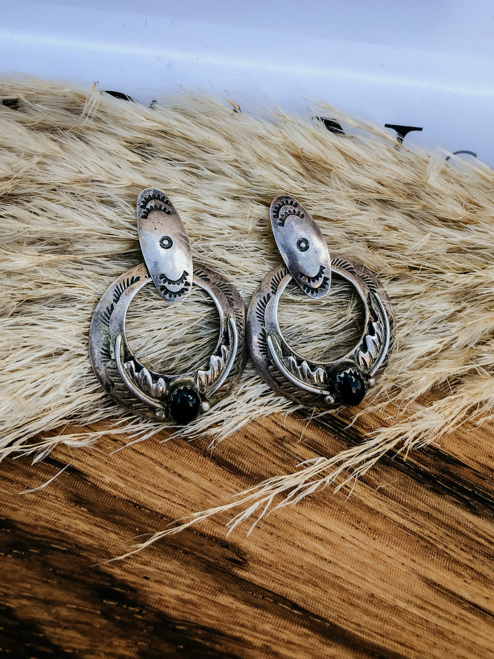 Stamped Silver and Black Onyx Hoop