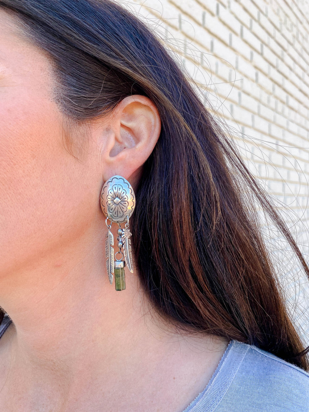 Silver Concho Feather and Crystal Earrings