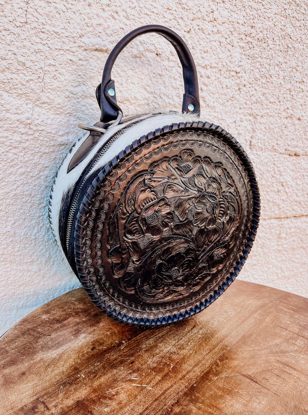 Tooled Black & White Cowhide Rope Can Bag